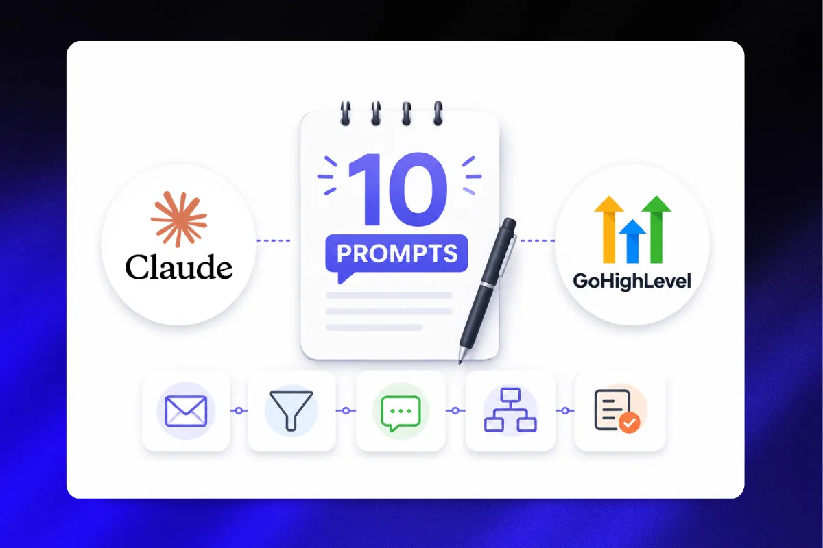 Claude AI logo beside the GoHighLevel logo with prompt cards and workflow icons representing AI-powered agency productivity.
