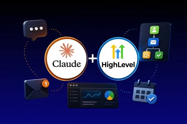 Claude AI and GoHighLevel logos with prompt templates and automation icons on a dark background.