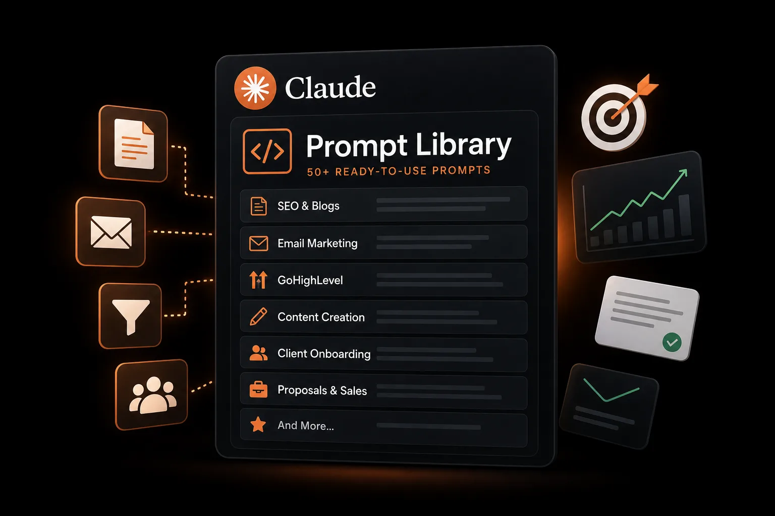 Claude AI prompt library displayed with marketing icons and documents on a dark background.