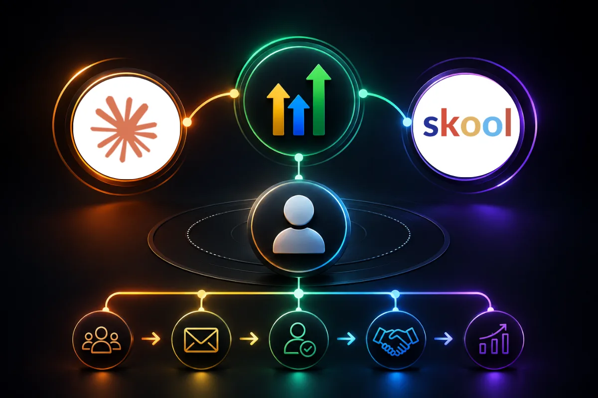 Personal branding workflow using Claude AI, GoHighLevel marketing automation, and Skool community platform.