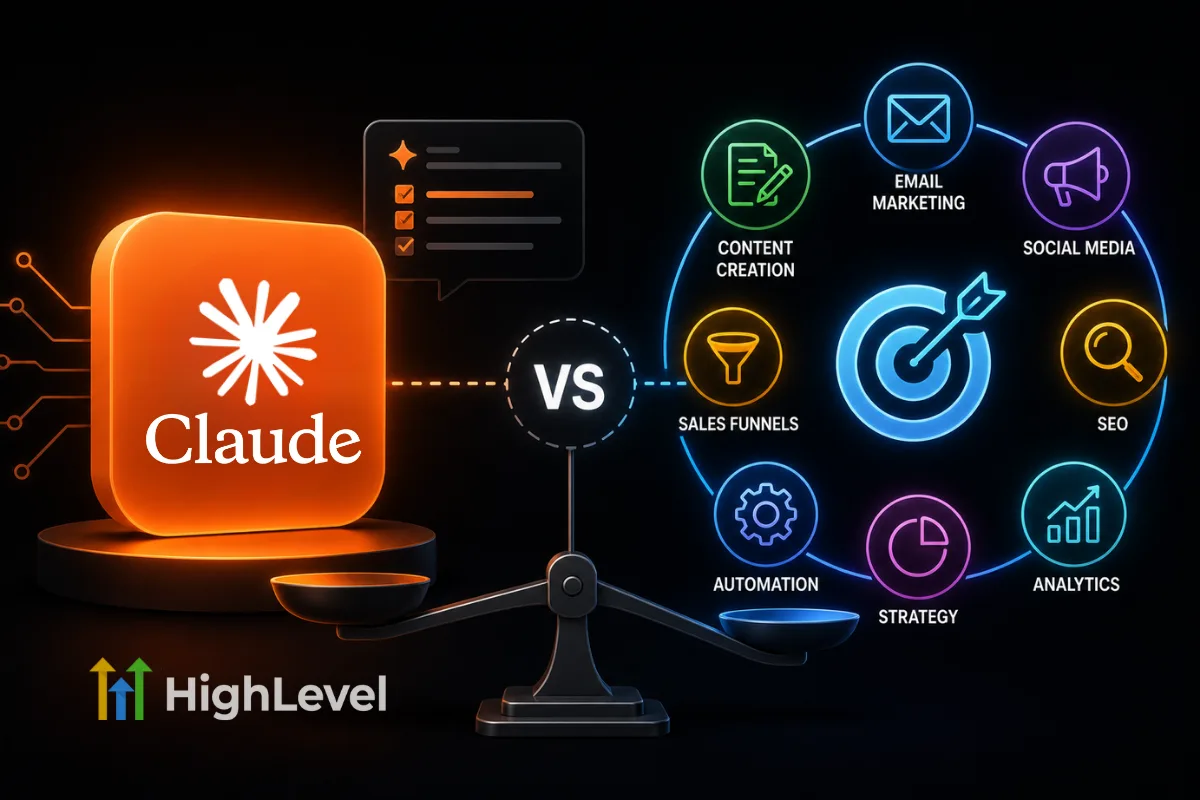 Claude AI beside a marketing team with icons representing content creation, strategy, automation, and collaboration.