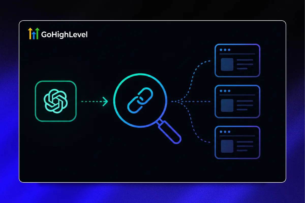 ChatGPT Agent Mode analyzing competitor websites, backlink network visualization connecting multiple domains.