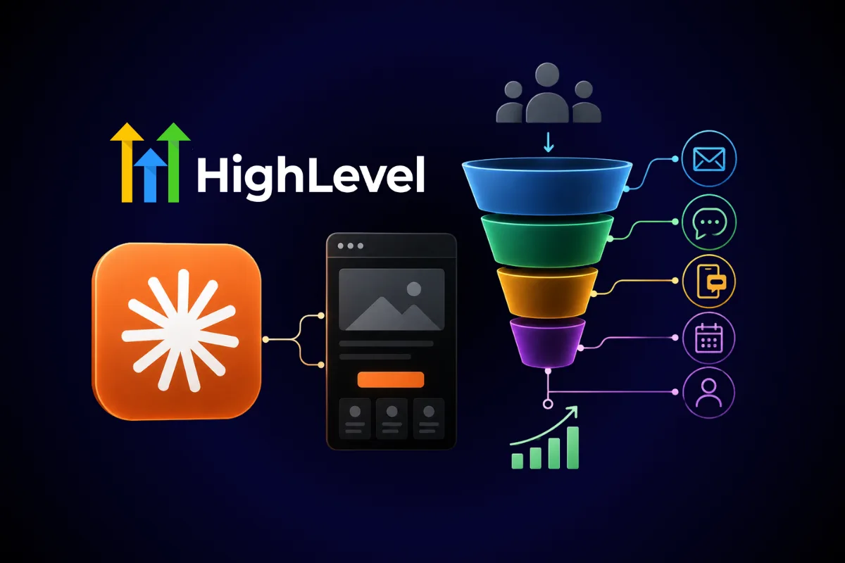 Claude AI connected to a GoHighLevel sales funnel with landing pages, email automation, and CRM workflow.