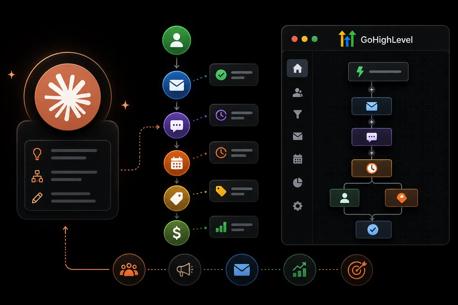 Agency workflow showing Claude planning GoHighLevel CRM automation, emails, SMS, triggers, and follow-up.