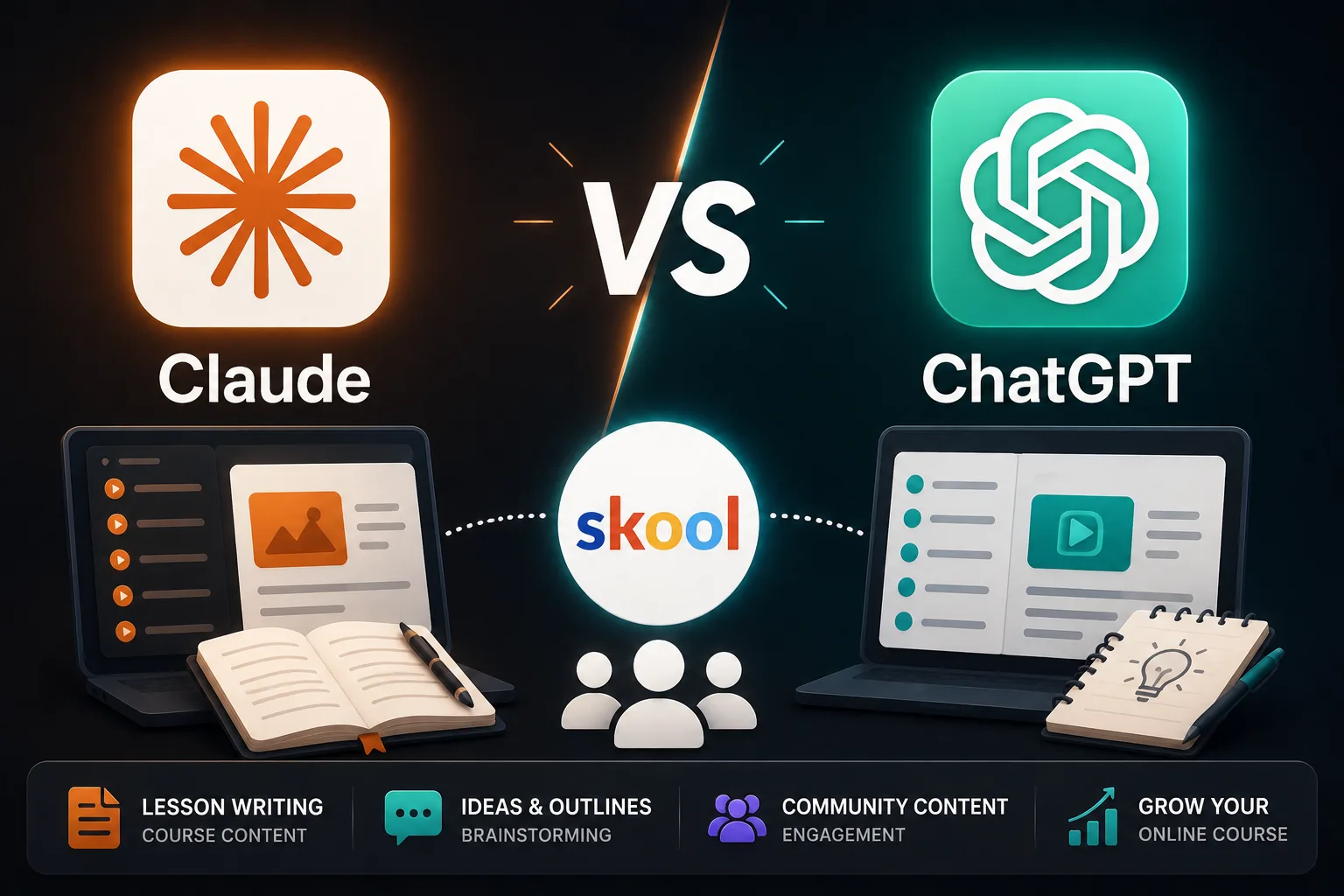 Comparison of Claude AI and ChatGPT for creating Skool courses, lessons, and community content.