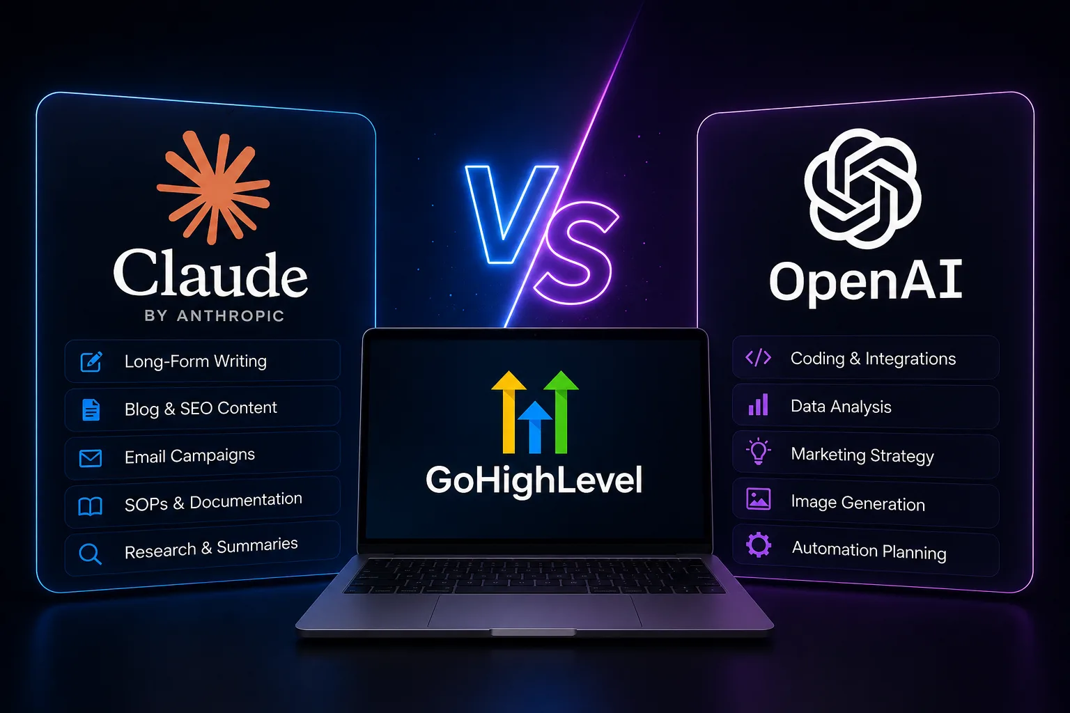 Claude AI and OpenAI logos with the GoHighLevel logo on a dark background comparing AI tools for marketing agencies.