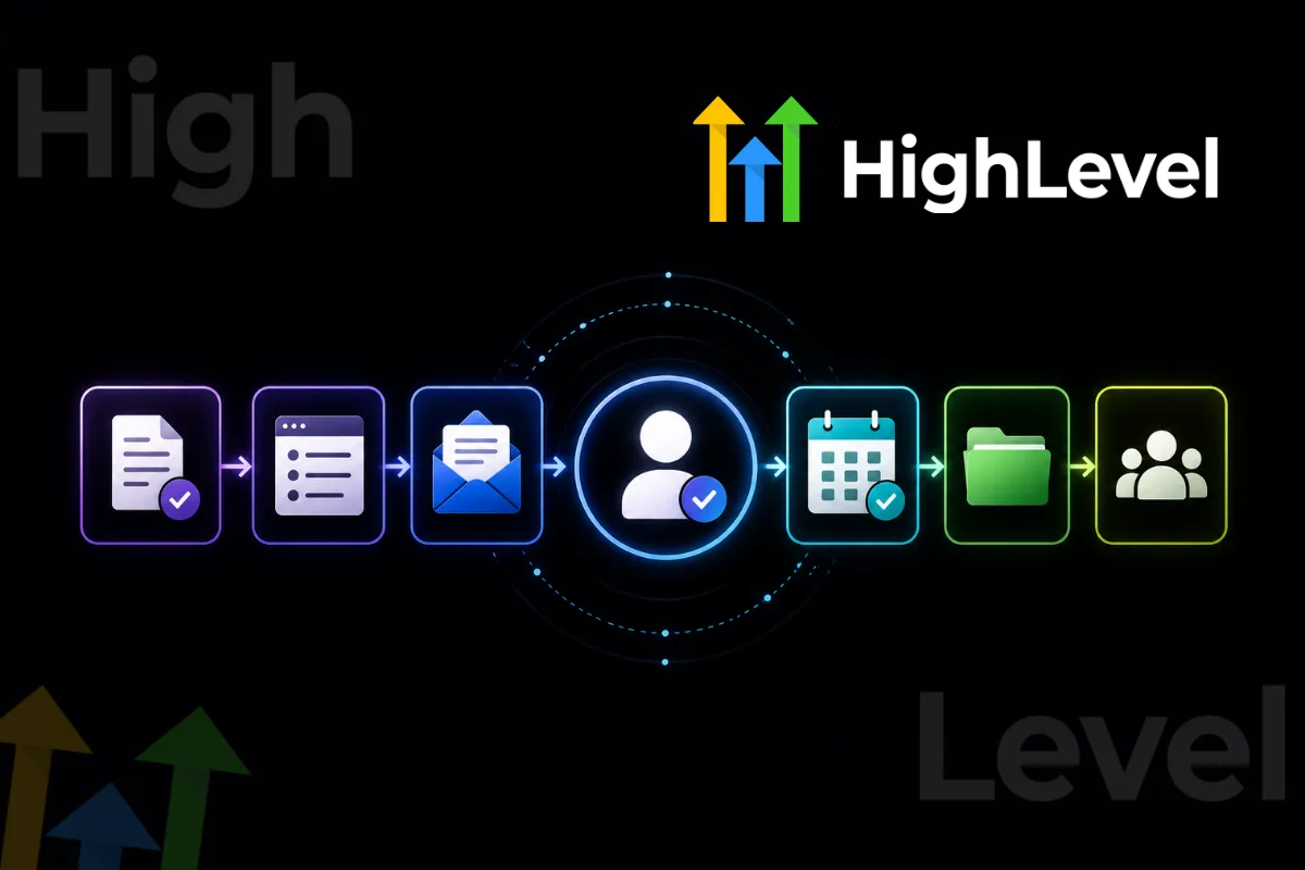 Automated client onboarding system showing forms, CRM, communication, project setup, and welcome workflows.