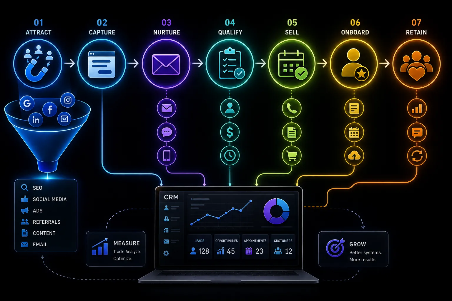 Complete lead-to-client workflow showing traffic, lead capture, CRM, nurturing, appointments, sales, and onboarding.