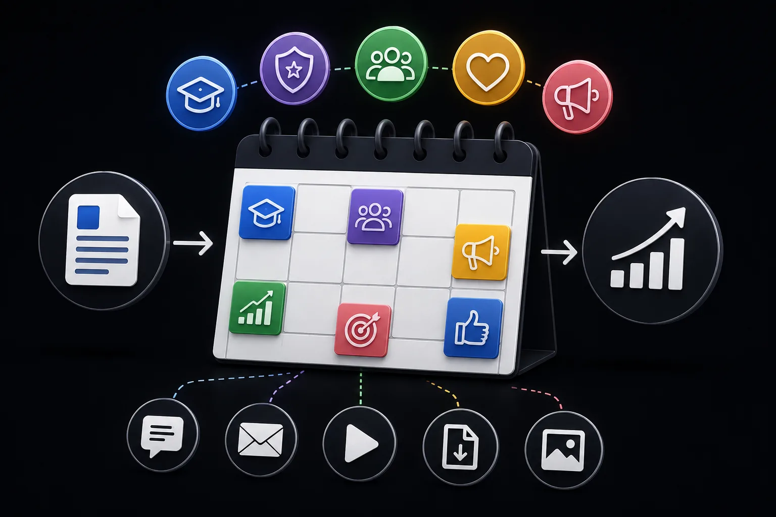Strategic content calendar connecting educational posts, promotional content, lead generation, and customer engagement.