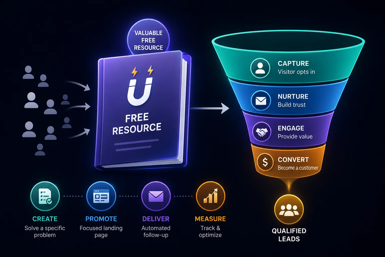 Lead magnet funnel showing a valuable free resource turning website visitors into qualified marketing leads.