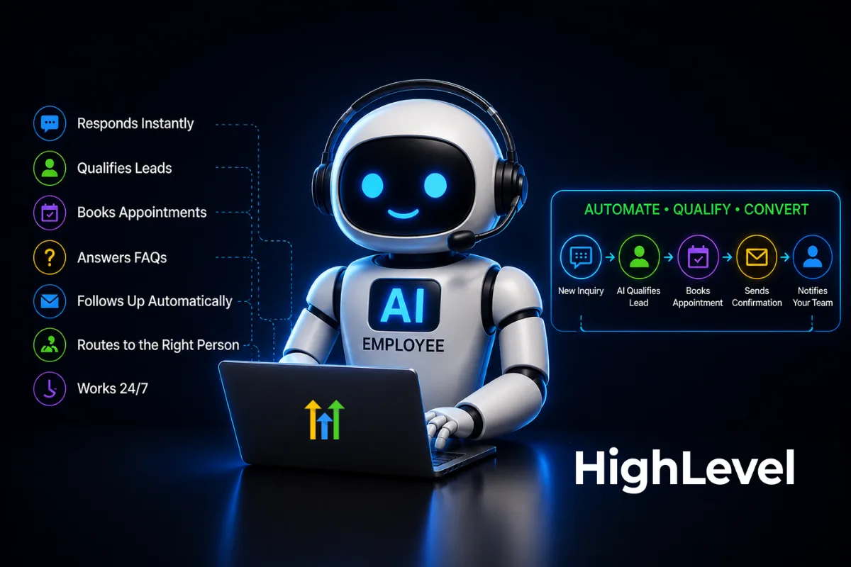 GoHighLevel AI Employee dashboard with chatbot, CRM, and automation workflow icons on a dark background.