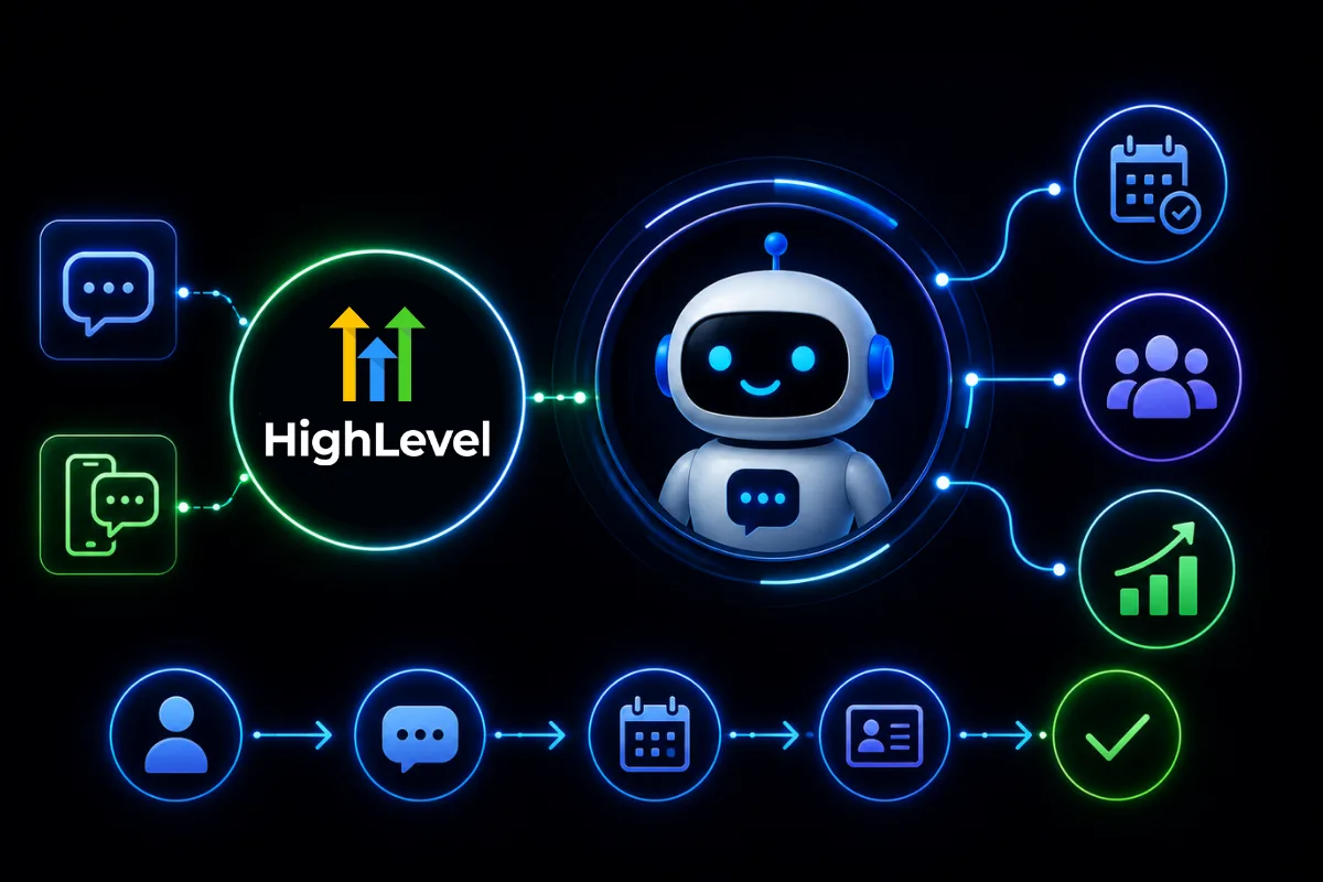 GoHighLevel Conversation AI dashboard with chatbot, CRM, and messaging icons on a dark background.