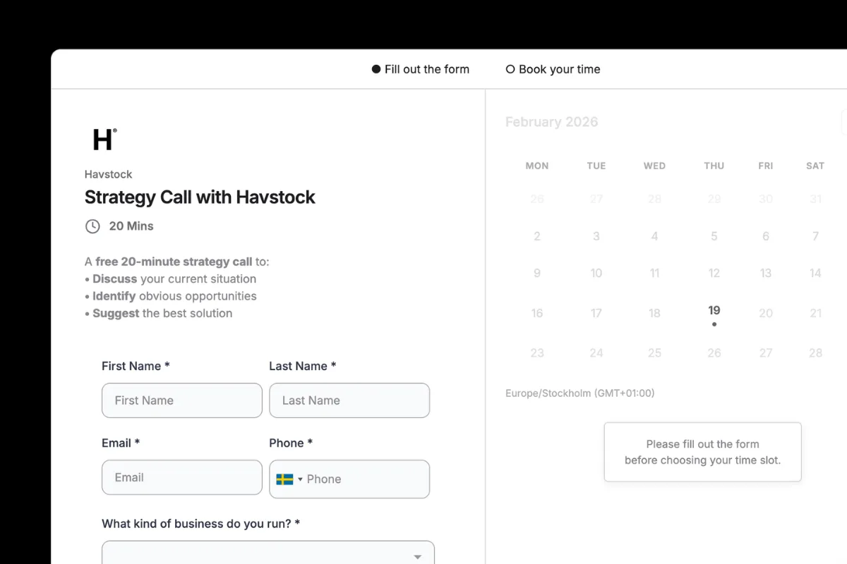 GoHighLevel calendar customized to look like iClosed with form-first side-by-side layout