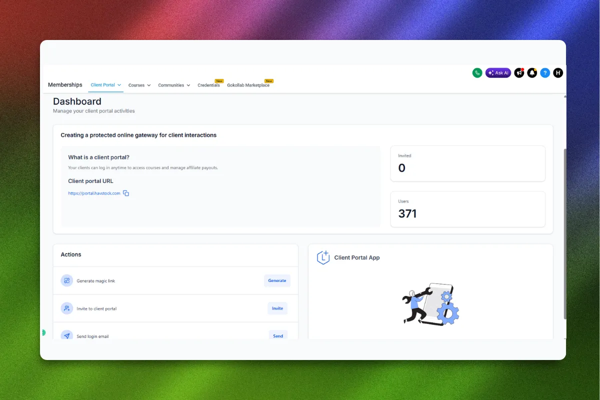 GoHighLevel membership site dashboard with course modules and enrollment automation