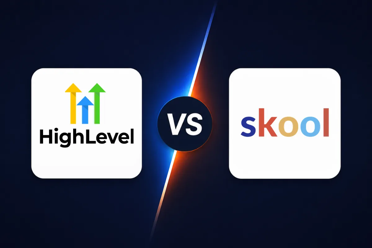 GoHighLevel Memberships and Skool logos side by side with a VS graphic on a dark background.