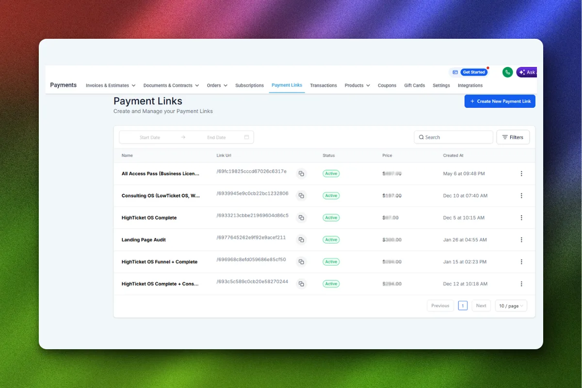 GoHighLevel payments and invoicing dashboard with automated billing flows