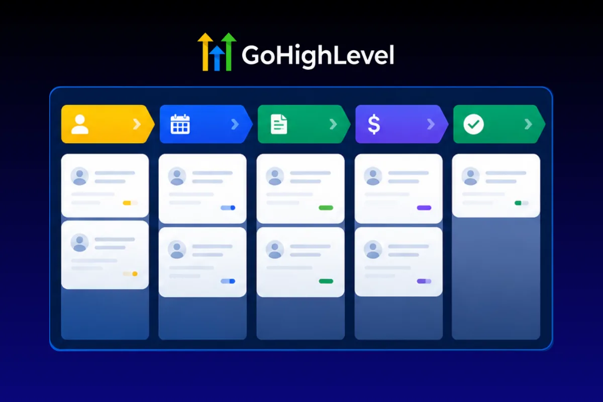 GoHighLevel pipeline dashboard illustration with sales stages, analytics charts, and opportunity tracking workflow