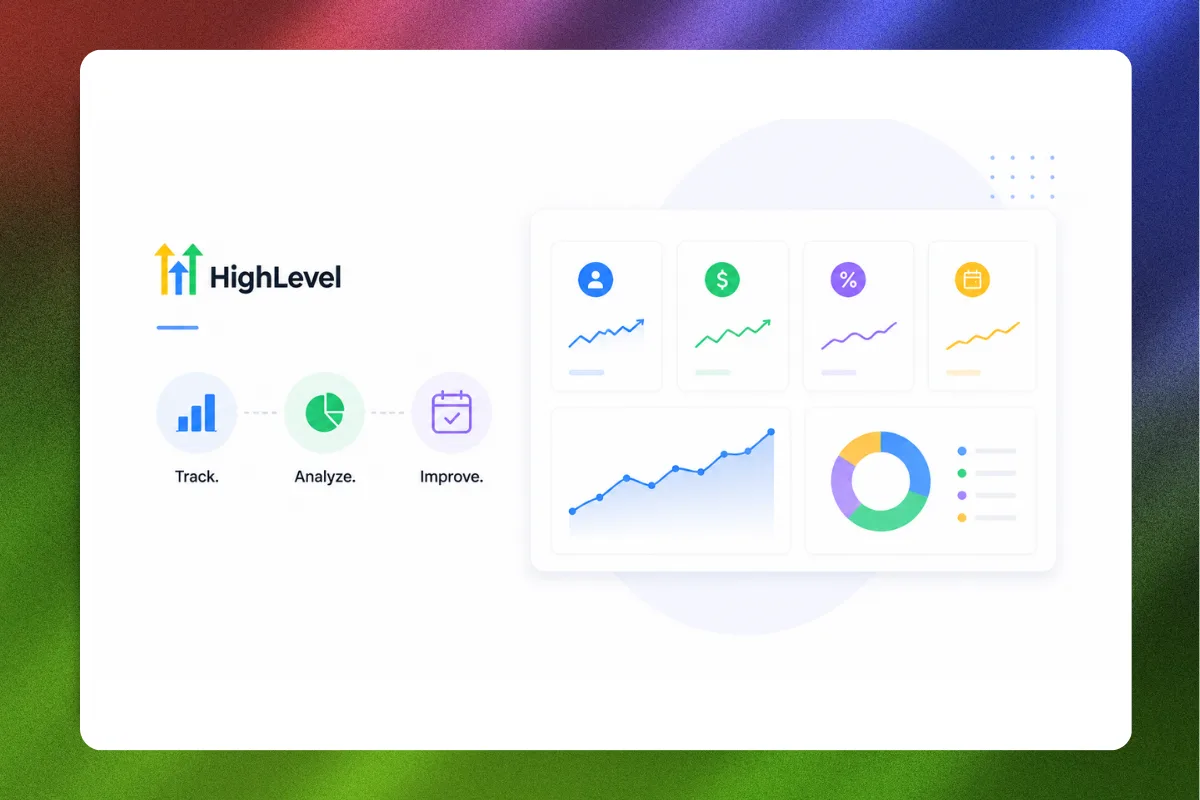 GoHighLevel reporting and analytics with custom dashboards, key performance metrics, and weekly reviews.
