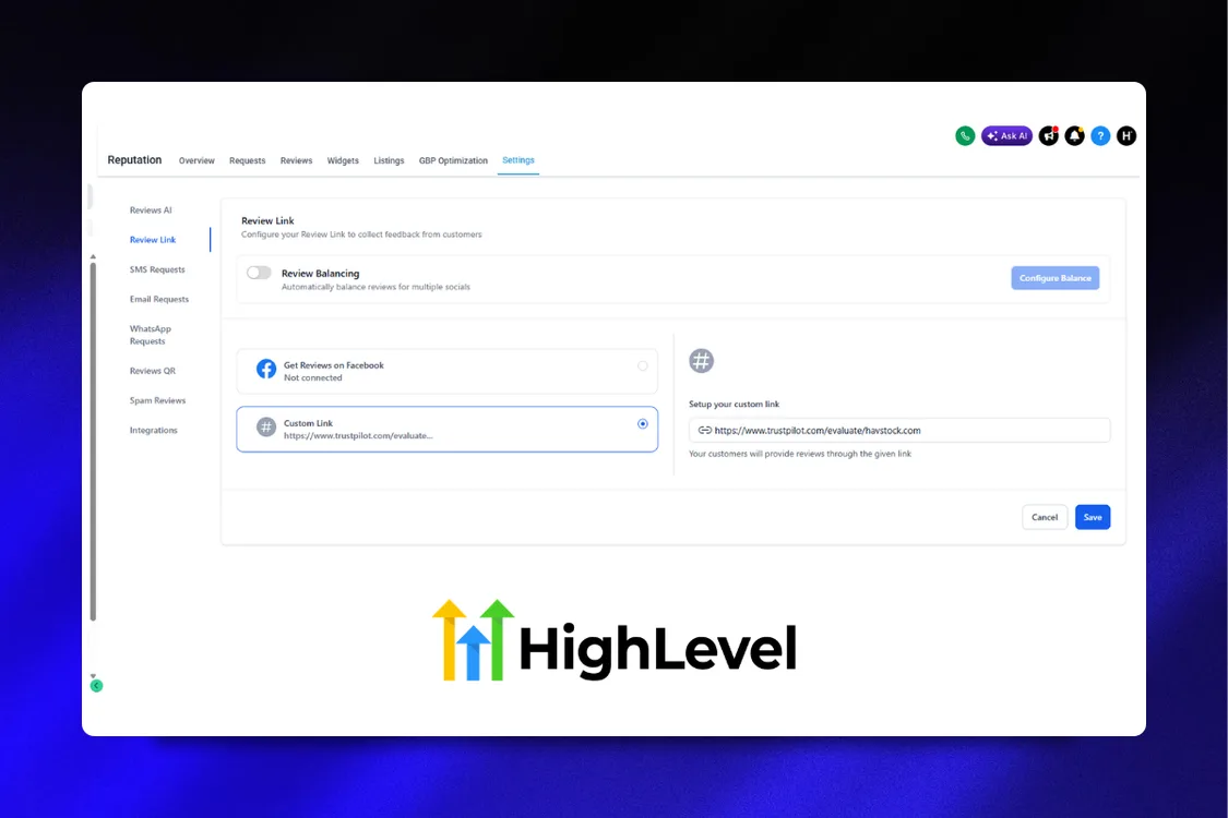 GoHighLevel reputation management dashboard showing review collection automation and star ratings