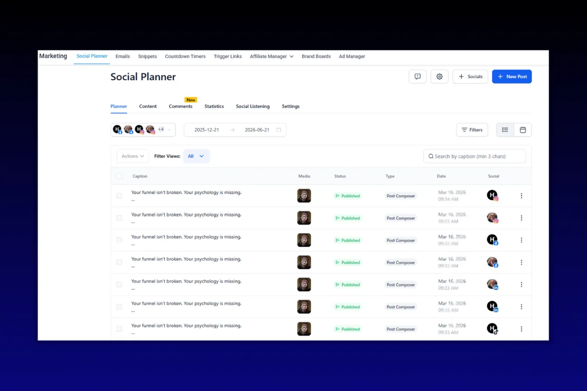 GoHighLevel social media planner dashboard with scheduled posts and content calendar