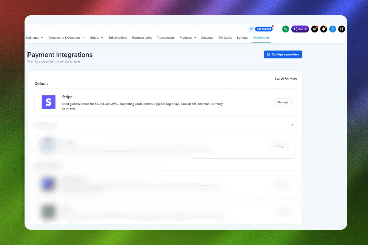 GoHighLevel payment integration dashboard with Stripe connected.