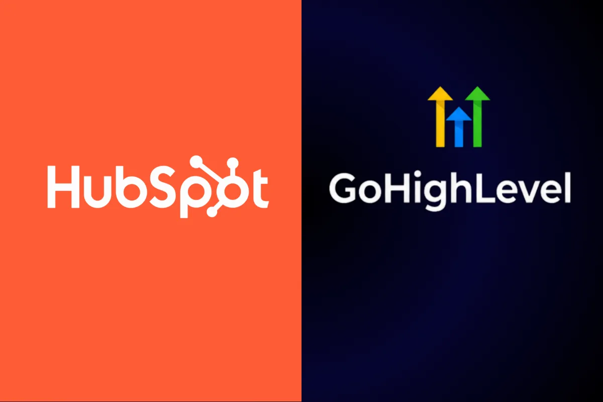 GoHighLevel and HubSpot CRM comparison showing agency automation, funnels, client management, reporting, and business growth features.
