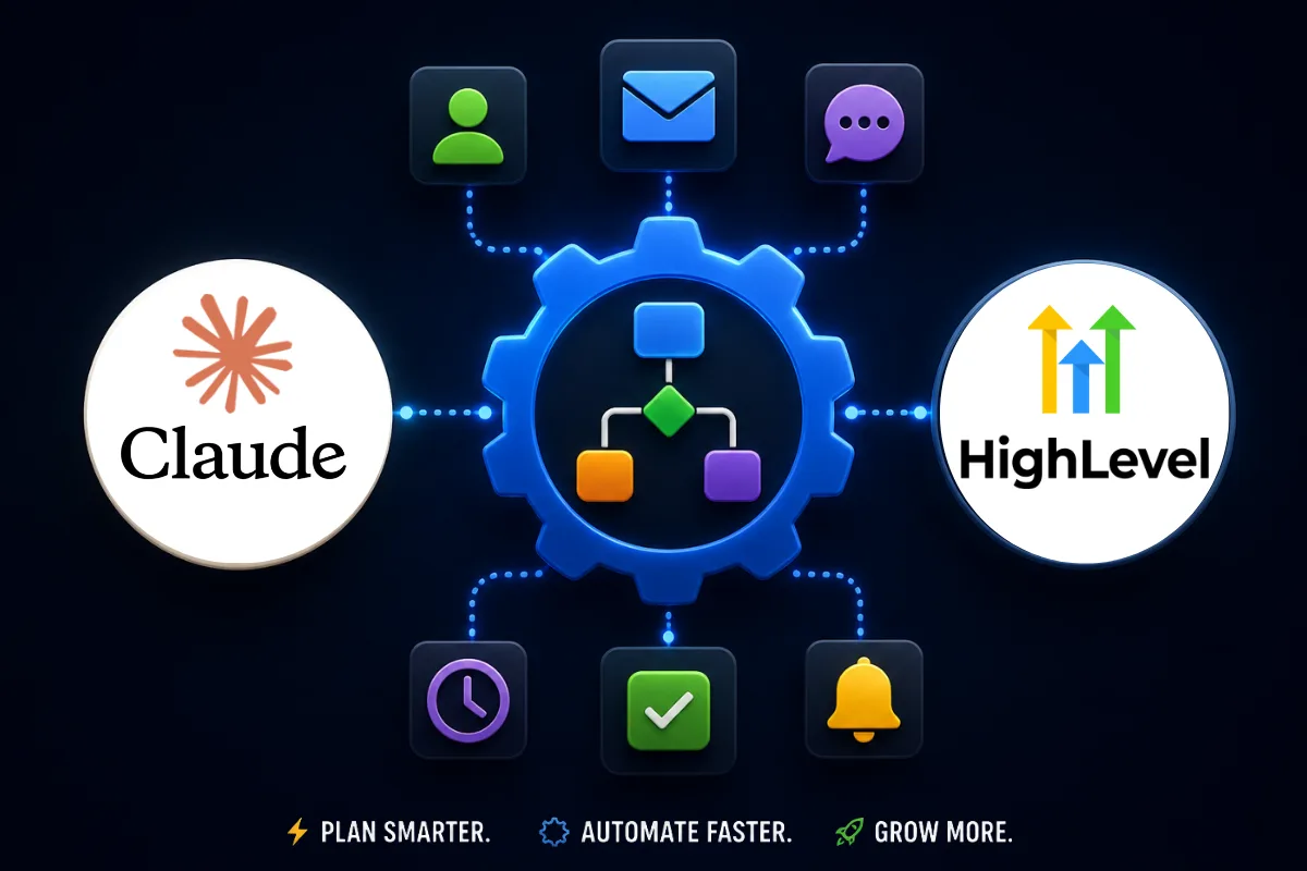 Claude AI and GoHighLevel logos with workflow automation diagram on a dark background.
