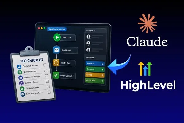 Claude AI and GoHighLevel logos with an SOP checklist and workflow diagram on a dark background.