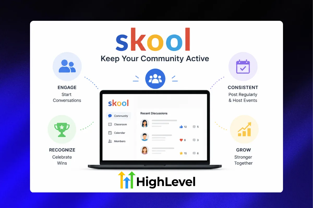 Skool community dashboard with active discussion posts, member avatars, calendar events, and engagement icons on a dark background.