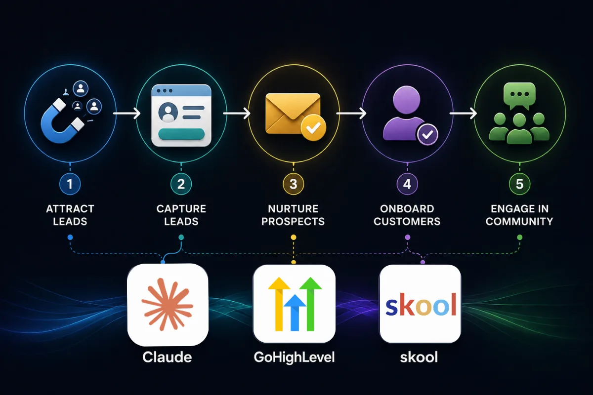 Customer journey from lead generation to Skool community using Claude AI and GoHighLevel automation.