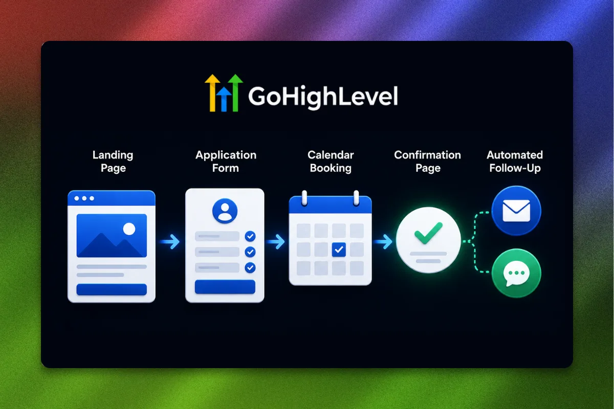 High-ticket sales funnel showing a landing page, application form, calendar booking, confirmation page, and automated email and SMS follow-up sequence.