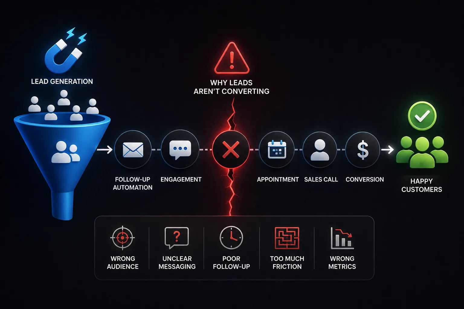 Marketing automation funnel showing common conversion problems between lead generation, follow-up, sales, and customer onboarding.
